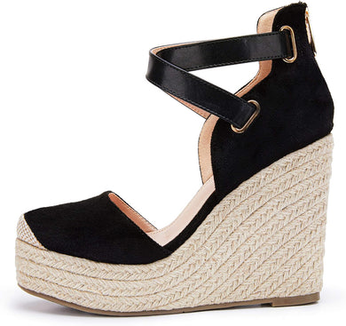 Black Suede Wedge Ankle Strap Closed Toe Sandals