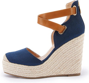 Yellow Suede Wedge Ankle Strap Closed Toe Sandalse
