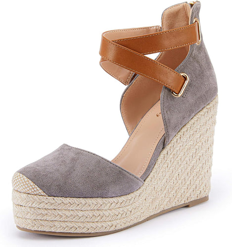 Grey Suede Wedge Ankle Strap Closed Toe Sandals