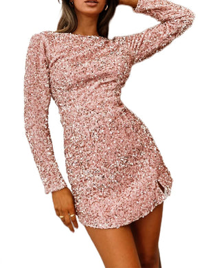 Pink Style Icon Sequined Backless Long Sleeve Mini Dress