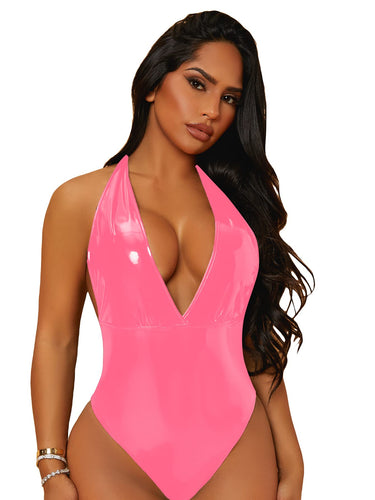 Pink Faux Leather Deep V Neck Bodysuit