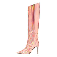 Load image into Gallery viewer, Pink Fashion Forward Metallic Knee High Stiletto Boots