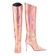 Load image into Gallery viewer, Pink Fashion Forward Metallic Knee High Stiletto Boots
