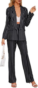 Black Striped One Button Women's 2pc Business Blazer & Pants Set