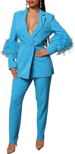 Feathered Blue One Button Women's 2pc Business Blazer & Pants Set