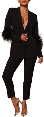Feathered Black One Button Women's 2pc Business Blazer & Pants Set