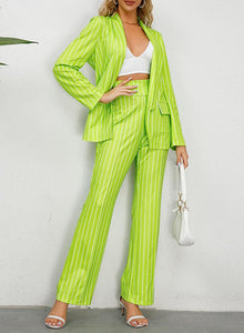 Chic Pink Striped One Button Women's 2pc Business Blazer & Pants Set