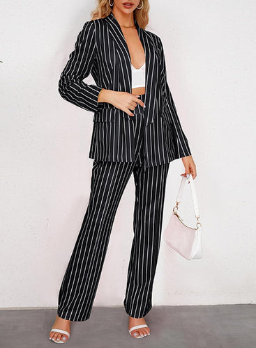 Black Striped One Button Women's 2pc Business Blazer & Pants Set