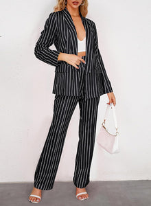 Chic Pink Striped One Button Women's 2pc Business Blazer & Pants Set