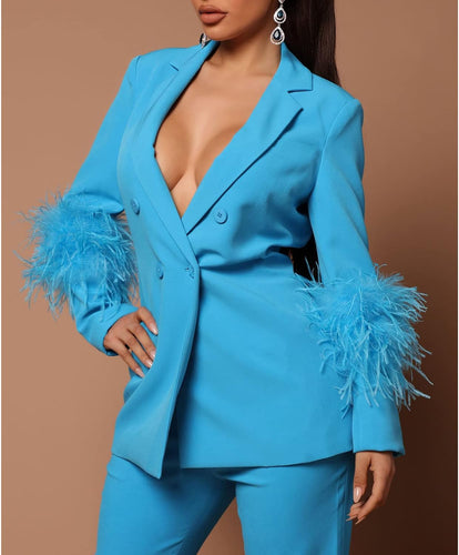 Feathered Blue One Button Women's 2pc Business Blazer & Pants Set