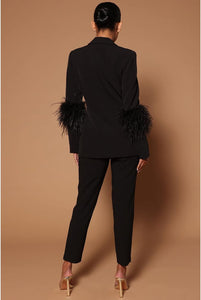 Feathered Black One Button Women's 2pc Business Blazer & Pants Set