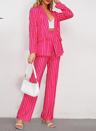 Chic Pink Striped One Button Women's 2pc Business Blazer & Pants Set