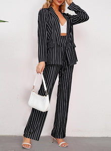 Black Striped One Button Women's 2pc Business Blazer & Pants Set