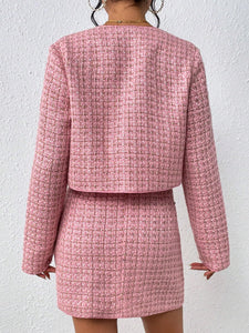 Pink Plaid Designer Chic Tweed Blazer Jacket & Skirt Set