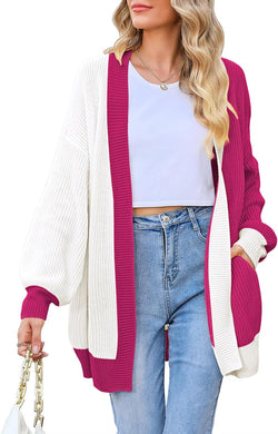 Two Tone Fuschia Pink/White Long Sleeve Cardigan Sweater