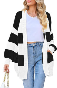Two Tone Black/White Long Sleeve Cardigan Sweater