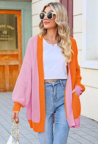 Two Tone Orange/Pink Long Sleeve Cardigan Sweater