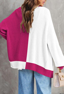 Two Tone Fuschia Pink/White Long Sleeve Cardigan Sweater