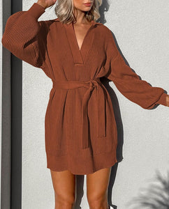 Oversized Belted Knit Khaki Pullover Sweater Dress
