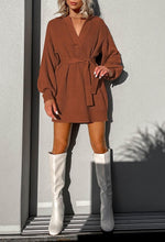 Load image into Gallery viewer, Oversized Belted Knit Khaki Pullover Sweater Dress