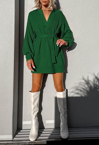 Oversized Belted Knit Green Pullover Sweater Dress