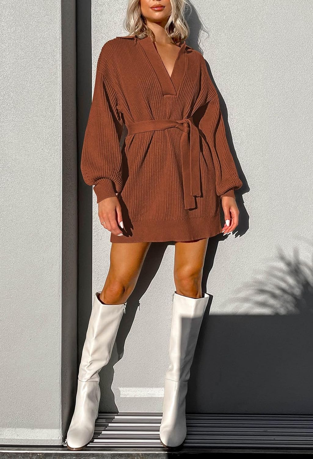 Oversized Belted Knit Brown Pullover Sweater Dress