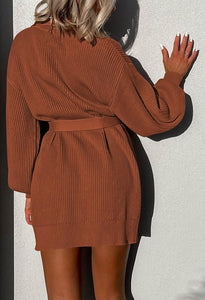 Oversized Belted Knit Khaki Pullover Sweater Dress