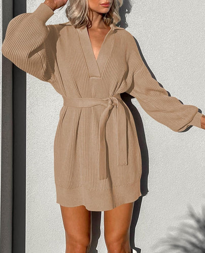 Oversized Belted Knit Khaki Pullover Sweater Dress