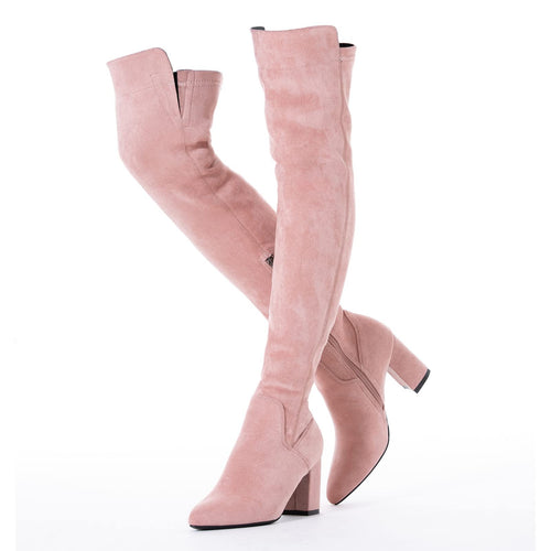 Pink 3 inch Heel Thigh High Suede Over The Knee Stretch Boot