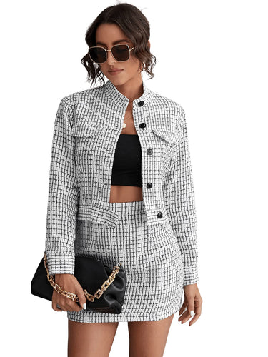 Plaid White Designer Chic Tweed Blazer Jacket & Skirt Set