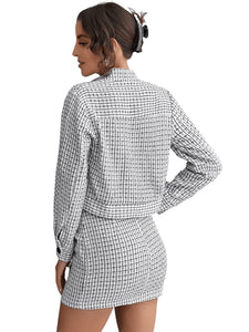 Plaid White Designer Chic Tweed Blazer Jacket & Skirt Set