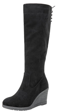 Black Suede Winter Fab Knee High Wedge Boots