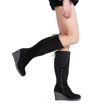 Load image into Gallery viewer, Black Suede Winter Fab Knee High Wedge Boots
