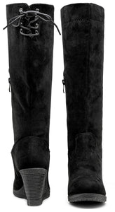Black Suede Winter Fab Knee High Wedge Boots