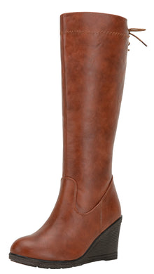Brown Winter Fab Knee High Wedge Boots