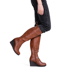 Brown Winter Fab Knee High Wedge Boots