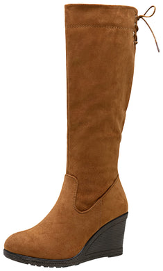 Camel Suede Winter Fab Knee High Wedge Boots