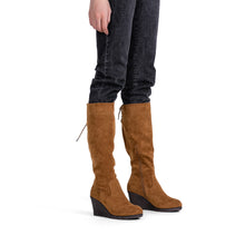 Load image into Gallery viewer, Camel Suede Winter Fab Knee High Wedge Boots
