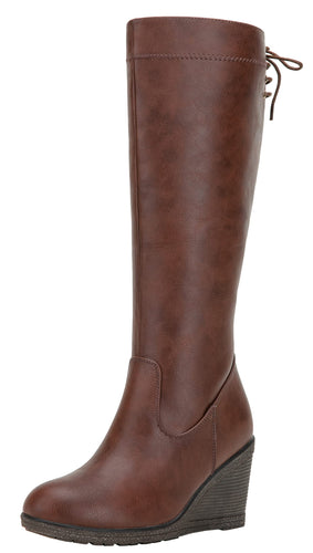 Cognac Winter Fab Knee High Wedge Boots