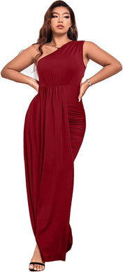 Plus Size Red One Shoulder Ruched Asymmetrical Maxi Dress