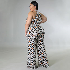 Plus Size White Printed Belted Halter Sleeveless Jumpsuit