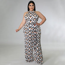 Load image into Gallery viewer, Plus Size White Printed Belted Halter Sleeveless Jumpsuit