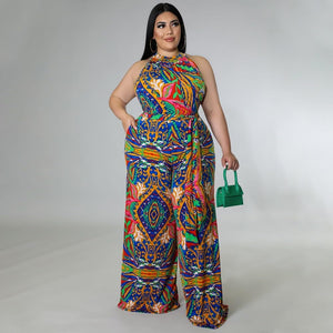 Plus Size Blue Belted Halter Sleeveless Jumpsuit