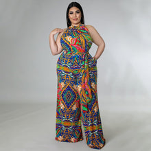 Load image into Gallery viewer, Plus Size White Printed Belted Halter Sleeveless Jumpsuit