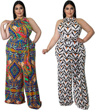 Load image into Gallery viewer, Plus Size Blue Belted Halter Sleeveless Jumpsuit