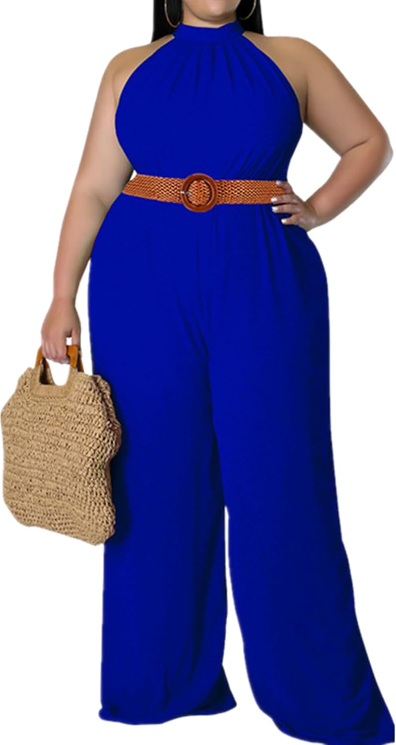 Plus Size Blue Belted Halter Sleeveless Jumpsuit