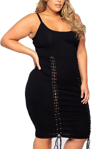 Plus Size Sleeveless Black Lace Up Bandage Style Dress