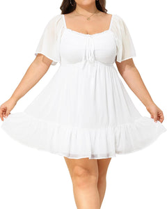 Plus Size Ruffled White Chiffon Short Sleeve Mini Dress