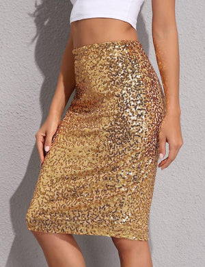 Designer Sequin Glitter Gold High Waist Pencil Skirt