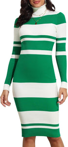 Green Striped Knit Turtleneck Long Sleeve Sweater Dress